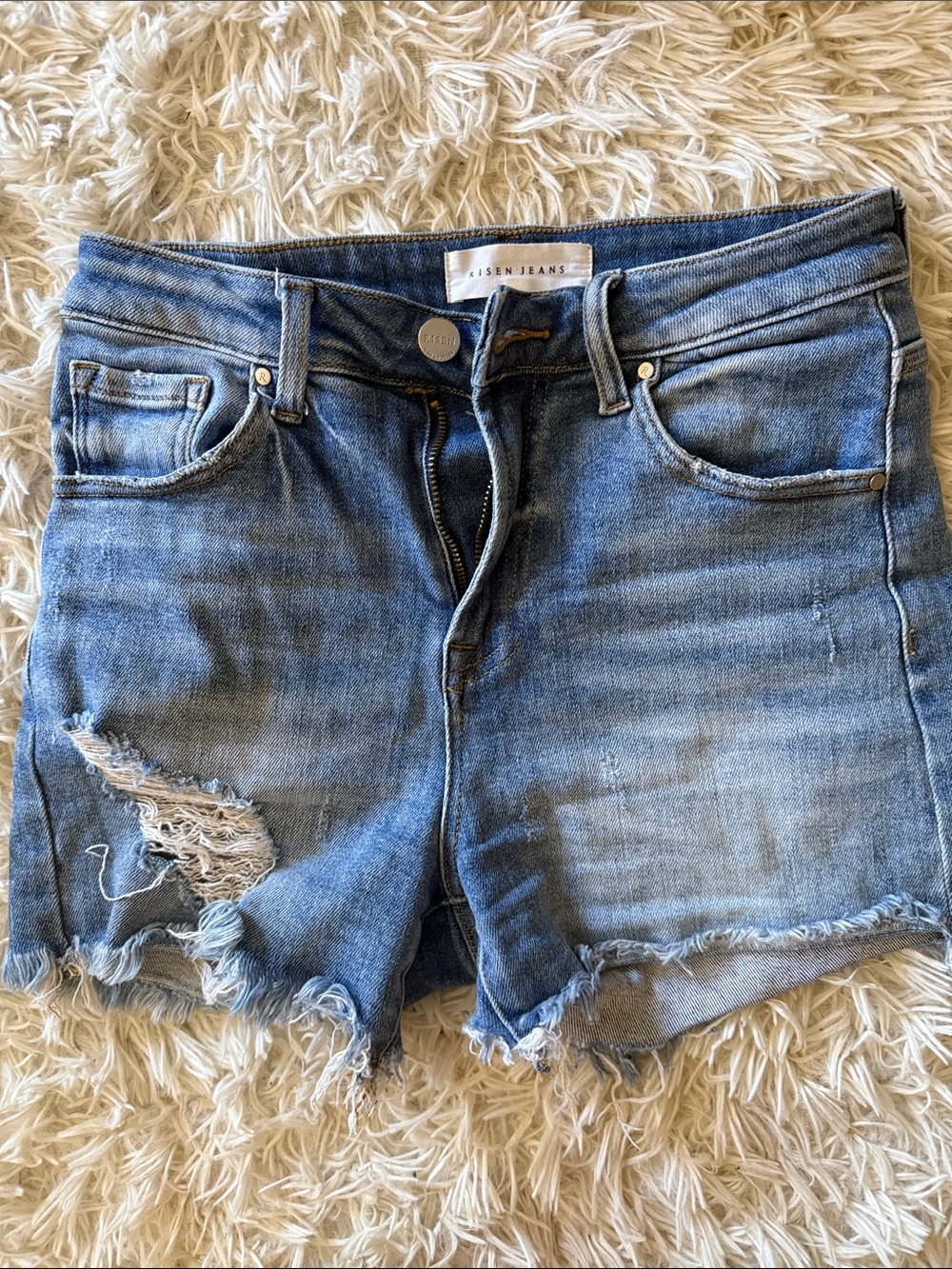 Risen Mid-Rise Distressed Blue Denim Cutoff Shorts